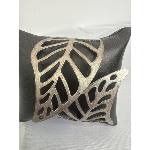 Wide Antique Silver Tone Leaf Cut-Out Cuff Bracelet - Picture 2 of 5